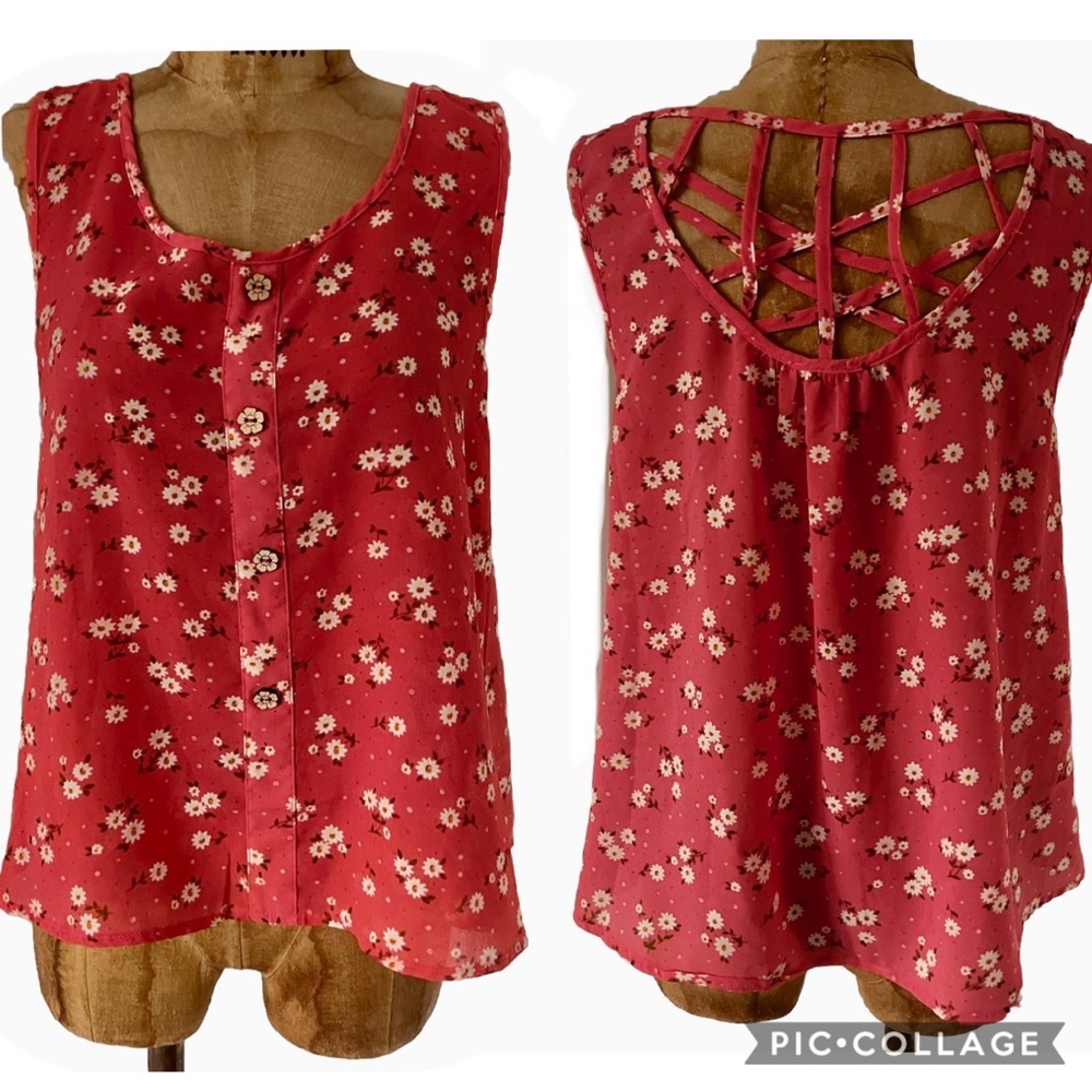 Mine Red Backless Tank Top Flower Buttons EUC M